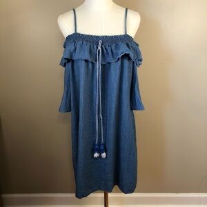 V By Violet Weekend Blue Off-Shoulder Dress with 3/4 Sleeves & Tassels Size XL